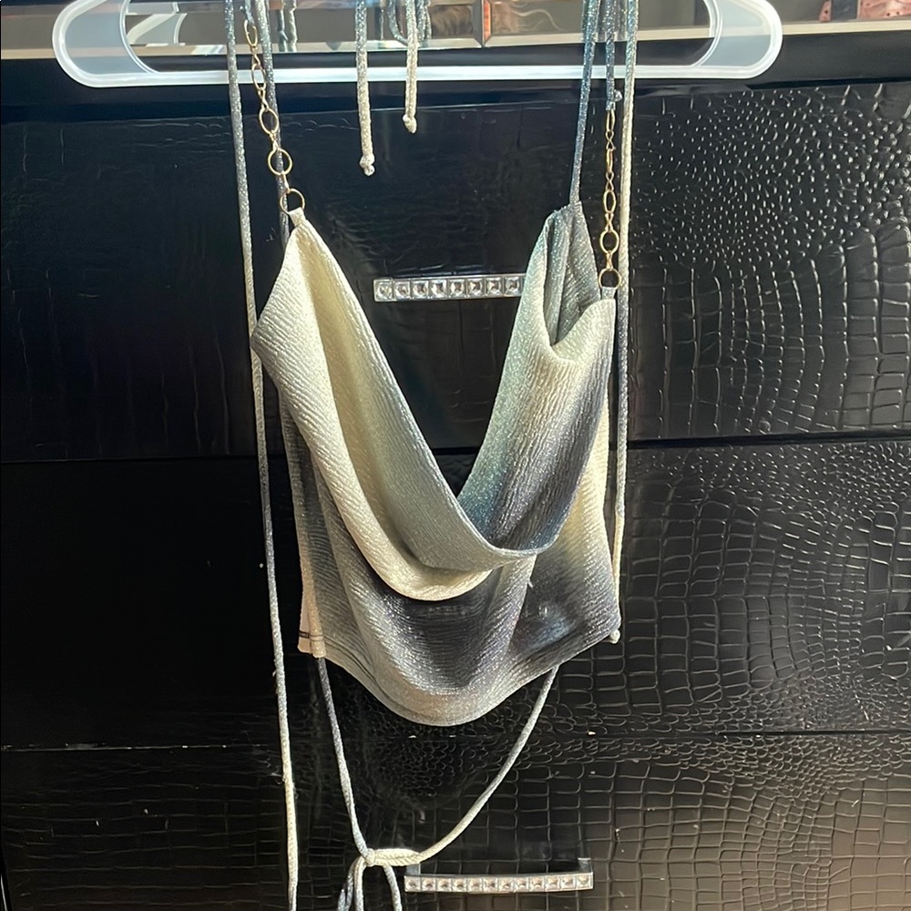 Fashion Nova Silver and Gold Metallic Cowl Neck Top
